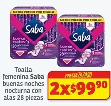 Oferta de Saba - Toalla Femenina Buenas Noches Nocturna Con Alas por $99.9 en Soriana Híper