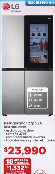 Oferta de LG - Refrigerador 27P3 5L por $23990 en Soriana Híper