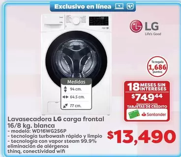 Oferta de LG - Lavasecadora Carga Frontal 16/8 Kg. Blanca por $13490 en Soriana Híper