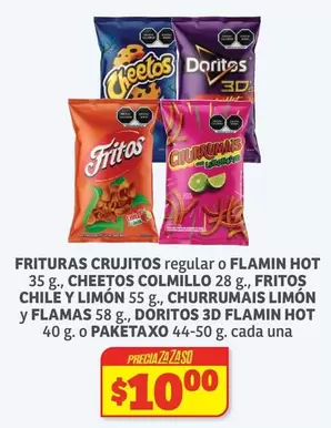 Oferta de Cheetos - Frituras Crujitos Regular O Flamin Hot,  Colmillo, Fritos Chile Y Limón Churrumais Limon Y Flamas por $10 en Soriana Híper