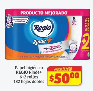 Oferta de Regio - Papel Higiénico Rinde+ 6+2 Rollos 132 Hojas Dobles por $50 en Soriana Híper