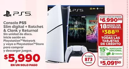 Oferta de Solo - Consola PS5 Slim Digital + Ratchet & Clank Y Returnal por $5990 en Soriana Súper