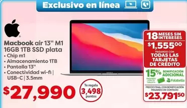 Oferta de MacBook - Macbook Air 13" M11 16GB 1TB SSD Plata por $27990 en Soriana Súper