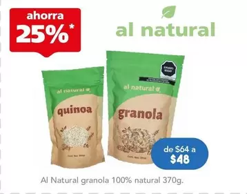 Oferta de Al Natural - Granola 100% Natural 370g por $48 en Farmacia San Pablo