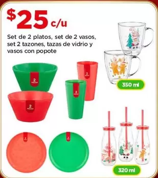 Oferta de Set De 2 Platos, Set De 2 Vasos, Set 2 Tazones, Tazas De Vidrio Y Vasos Con Popote por $25 en Bodega Aurrera