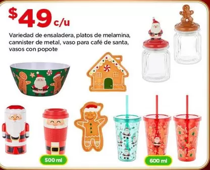 Oferta de Ensaladera, Platos De Melamina, Camister De Metal, Vasos Para Cafe De Santa por $49 en Bodega Aurrera