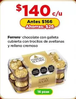 Oferta de Ferrero - Chocolate Con Galleta Cubierta Con Trocitos De Avellanas Y Relleno Cremoso por $140 en Bodega Aurrera