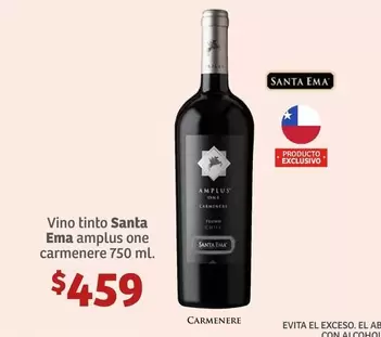 Oferta de Vino Tinto Santa Ema Amplus One Carmenere por $459 en Soriana Híper