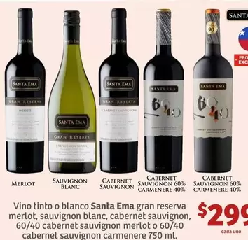 Oferta de Vino Tinto O Blanco Santa Ema Gran Reserva Merlot, Sauvignon Blanc, Cabernet Sauvignon por $299 en Soriana Híper