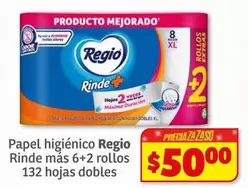 Oferta de Regio - Papel Higiénico Rinde Mas 6+2 Rollos por $50 en Soriana Híper