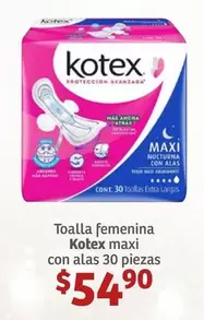 Oferta de Kotex - Toalla Femenina Maxi Con Alas por $54.9 en Soriana Híper