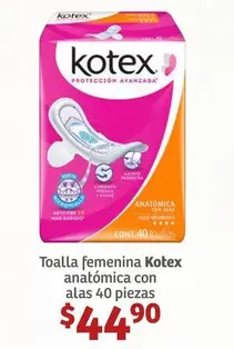 Oferta de Kotex - Toalla Femenina Anatomica Con Alas 40 Piezas por $44.9 en Soriana Híper