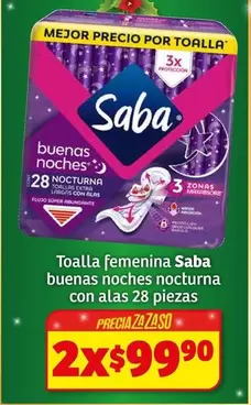 Oferta de Saba - Toalla Femenina Buenas Noches Nocturna Con Alas por $99.9 en Soriana Híper