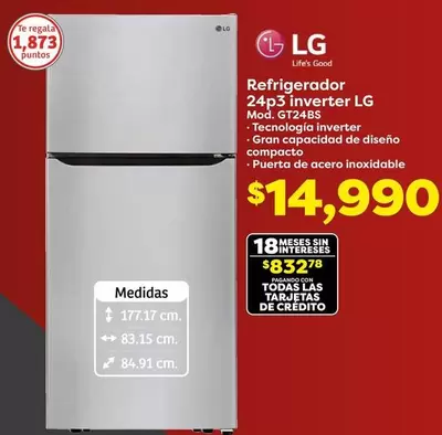 Oferta de LG - Refrigerador 24p3 Inverter por $14990 en Soriana Híper