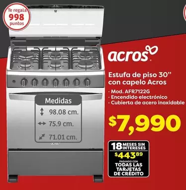 Oferta de Acros - Estufa De Piso 30 Con Capelo por $7990 en Soriana Híper