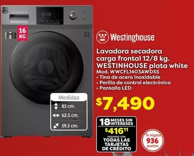 Oferta de Westinghouse - Lavadoras secadora carga frontal 12/8 kg. WP5-114HOUSE plata white por $7490 en Soriana Híper