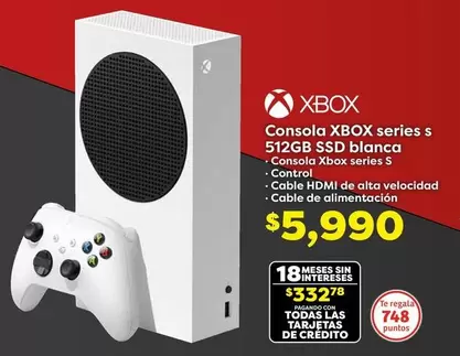 Oferta de Xbox - Consola  Series S 512GB SBD Blanca por $5990 en Soriana Híper