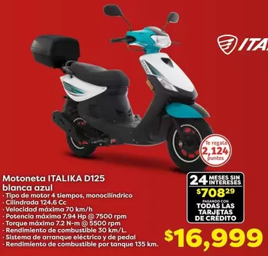 Oferta de Italika - Motoneta D125 Blanca Azul por $16999 en Soriana Híper