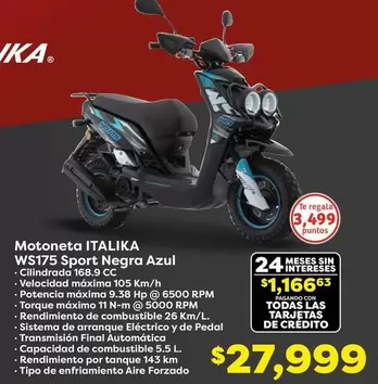 Oferta de Italika - Motoneta ITALIKA WS175 Sport Negra Azul por $27999 en Soriana Híper