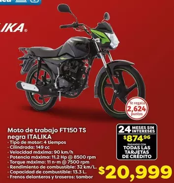 Oferta de Italika - Moto De Trabajo FT150 Ts Negro por $20999 en Soriana Híper