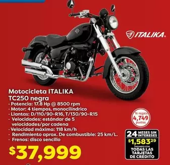 Oferta de Italika - Motocicleta TC250 Negra por $37999 en Soriana Híper