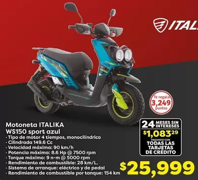 Oferta de Italika - Motoneta WL150 Sport OZUL por $25999 en Soriana Híper