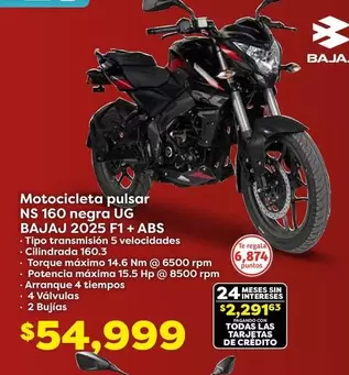 Oferta de HP - Motocicleta Pulsar NS 160 Negra Ug 2025 F1- Abs por $54999 en Soriana Híper