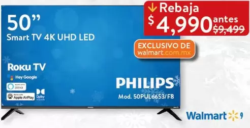 Oferta de Smart - 50"  TV 4K UHD LED por $4990 en Walmart