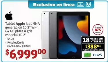 Oferta de Apple - Tablet Ipad 9NA Generación 10.2" Wi-Fi 64 GB Plata O Gris Espacial 10.2" por $6999 en Soriana Híper