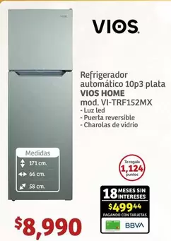 Oferta de Vios - Refrigerador Automatico 10p3 Plata Mod. Vi-itr152mx por $8990 en Soriana Híper