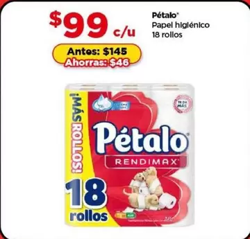 Oferta de Pétalo - Papel Higiénico 18 Rollos por $99 en Bodega Aurrera