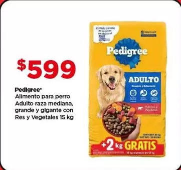 Oferta de Pedigree - alimento para perro adulto raza mediana, grande y gigante con res y vegetales por $599 en Bodega Aurrera