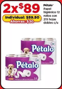 Oferta de Pétalo - Papel Higiénico 12 Rollos Con 215 Hojas por $59.5 en Bodega Aurrera