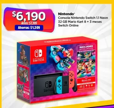 Oferta de Nintendo - Consola  Switch 1.1 Neon 32 Gb Mario Kart 8 + 3 Meses Switch Online por $6190 en Bodega Aurrera