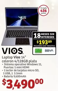 Oferta de Vios - Laptop  14" Celeron 4/128gb Plata por $3490 en Soriana Híper