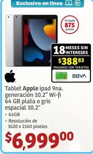 Oferta de Apple - Tablet Ipad 9na. Generación 10.2" Wi-fi por $6999 en Soriana Híper