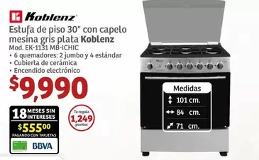 Oferta de Koblenz - Estufa De Piso 30° Con Capelo Mesina Gris Plata por $9990 en Soriana Híper