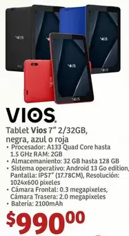 Oferta de Vios - Tablet  7" 2/32gb por $990 en Soriana Híper