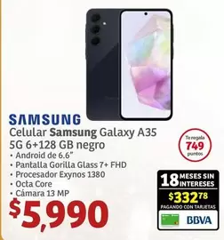 Oferta de Samsung - Celular  Galaxy A35 5G 6+128 GB Negro por $59.9 en Soriana Híper