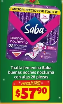 Oferta de Saba - Toalla Femenina Buenas Noches Nocturna Con Alas 28 Piezas por $57.9 en Soriana Híper