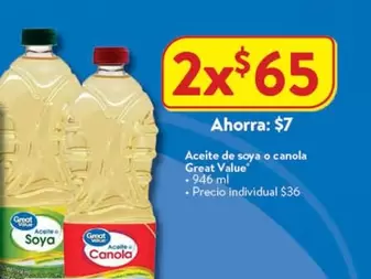 Oferta de Great Value - Aceite De Soya O Canola por $65 en Walmart