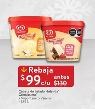 Oferta de Holanda - Cubeta De Helado Cremissimó por $99 en Walmart