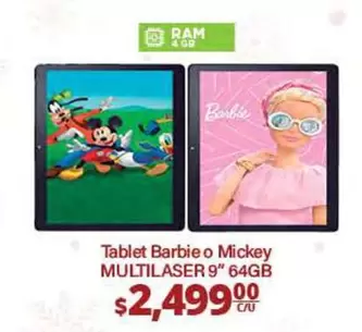 Oferta de Tablet Barbie O Mickey Multilaser 9" 64gb por $2499 en La Comer