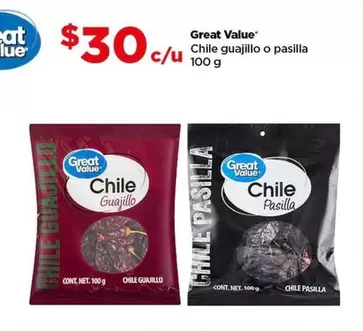 Oferta de Great Value - Valle Chile guajillo o pasilla por $30 en Bodega Aurrera