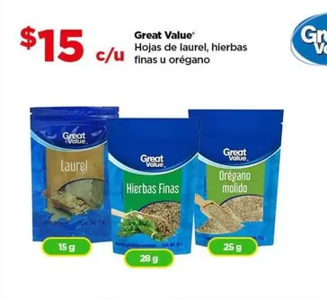 Oferta de Great Value - Hojas De Laurel, Hierbas Finas U Oregano por $15 en Bodega Aurrera