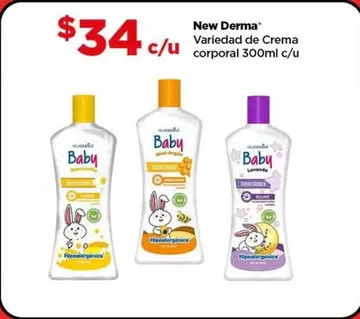 Oferta de Baby  - New Derma Variedad De Crema Corporal 300ml C/U por $34 en Bodega Aurrera