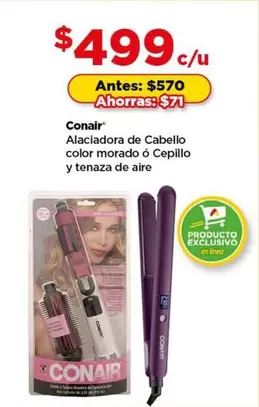 Oferta de Conair - Alaciadora De Cabello Color Morado O Cepillo Y Tenaza De Aire por $499 en Bodega Aurrera