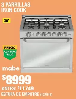 Oferta de Mabe - Estufa De Empotre 3 Parrillas Iron Cook por $8999 en The Home Depot