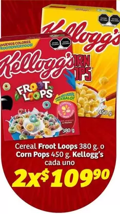 Oferta de Kellogg's - Cereal Froot Loops O Corn Pops por $109.9 en Soriana Híper