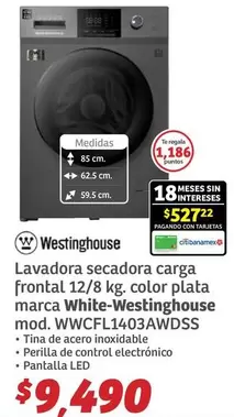 Oferta de Westinghouse - Lavadora Secadora Carga Frontal 12/8 Kg, Color Plata Marca White- Mod. WWCFL1403AWDSS por $9490 en Soriana Híper